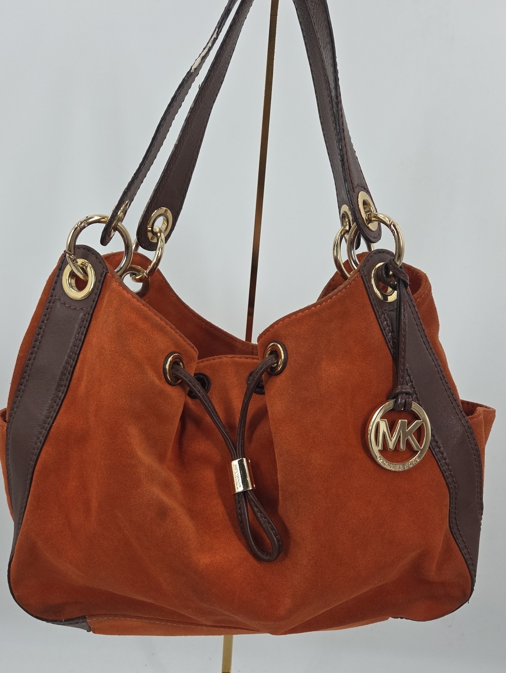 Michael Kors Rust Suede Shoulder Bag with Dark Brown Trim